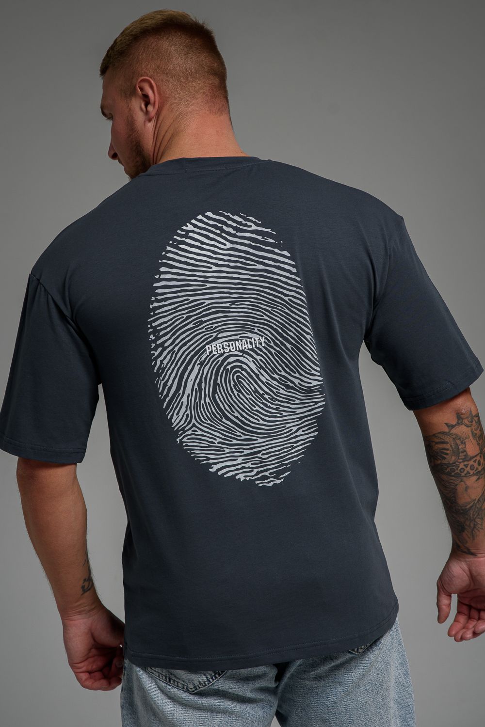 Футболка мужская 8507/1 оверсайз - графит+Отпечаток