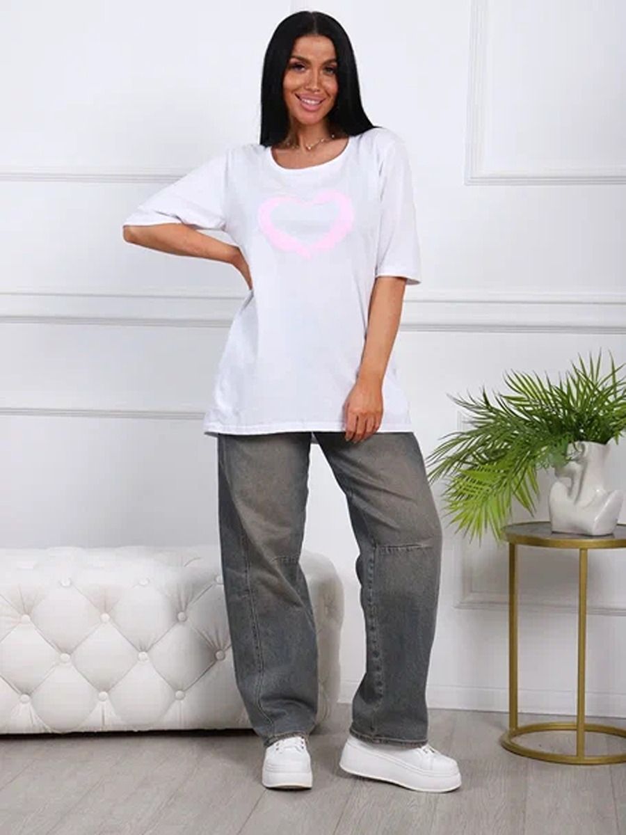 Футбола удлиненная с рисунком сердце и карманами, 785 - белый с розовым сердцем