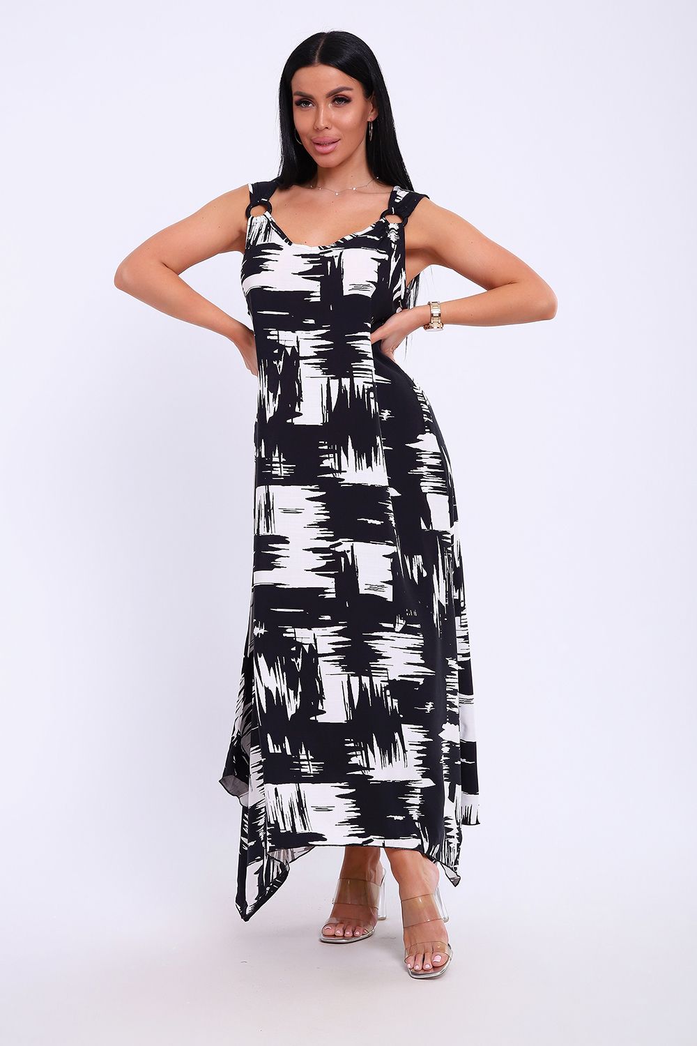 Сарафан летний больших размеров пляжный домашний 5739 - черно-белый