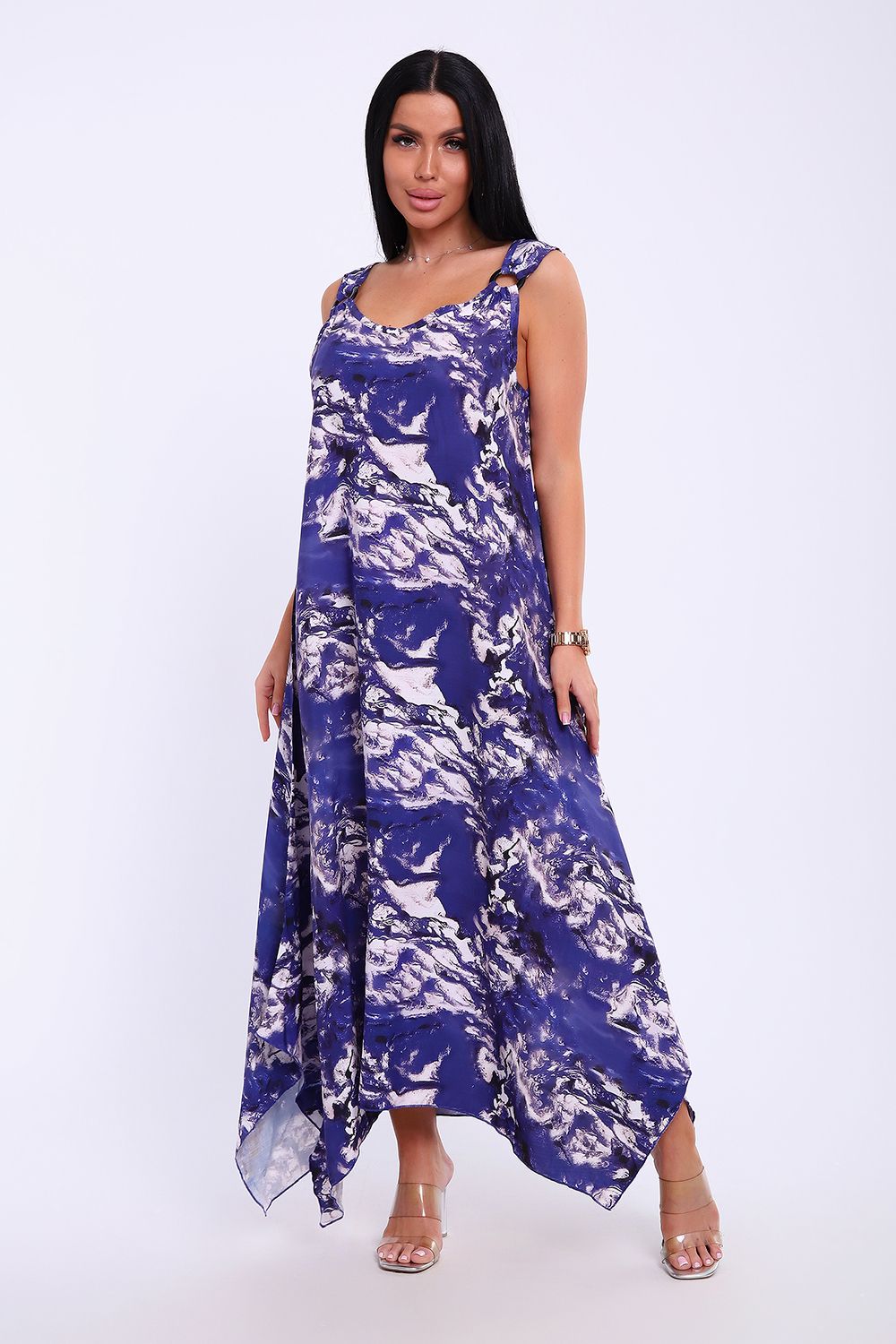 Сарафан летний больших размеров пляжный домашний 5739 - василек/белый