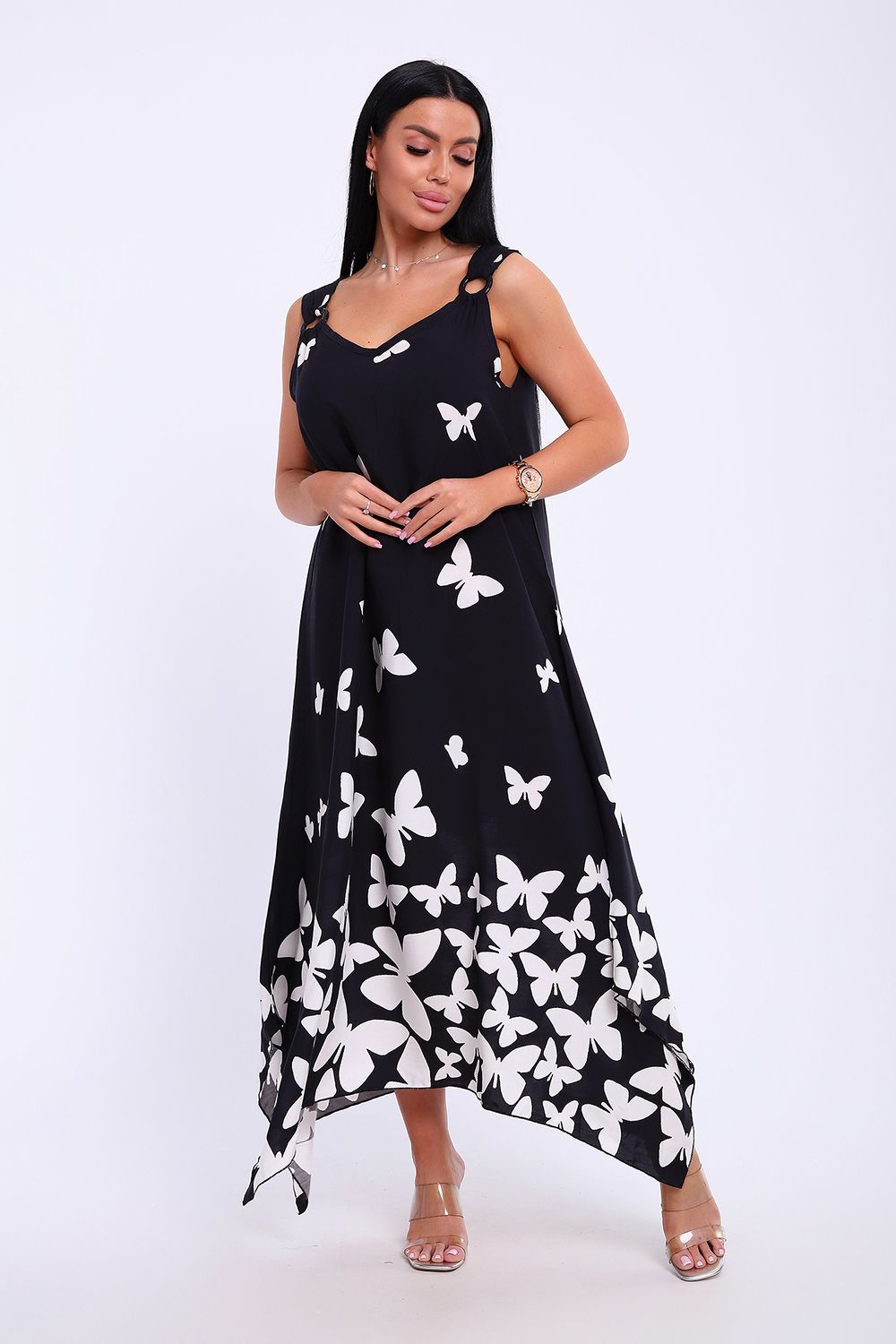 Сарафан летний больших размеров пляжный домашний 5740 - черно-белый