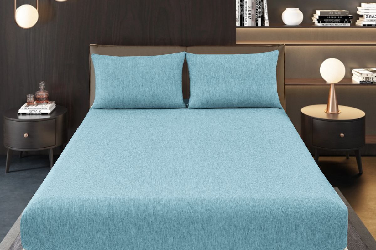 Простыня на резинке Страйп Меланж с высотой борта 25 см. - голубой