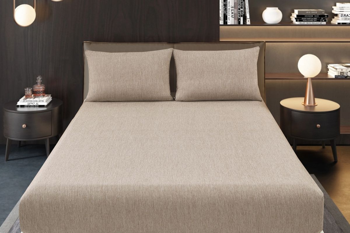 Простыня на резинке Страйп Меланж с высотой борта 25 см. - коричневый