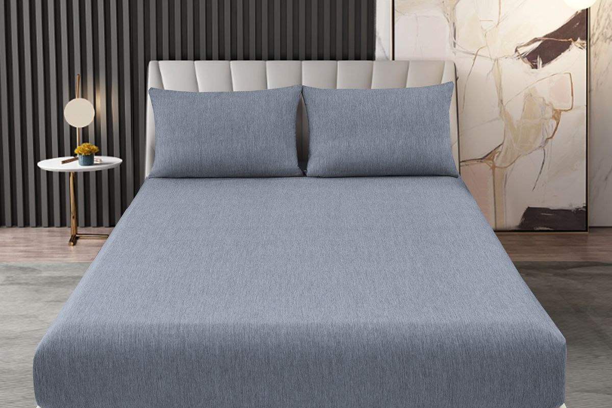 Простыня на резинке Страйп Меланж с высотой борта 25 см. - индиго