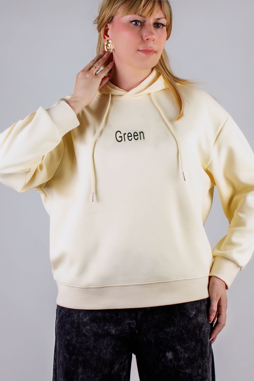 Унисекс-худи из премиальной ткани Green без начеса - светло-бежевый