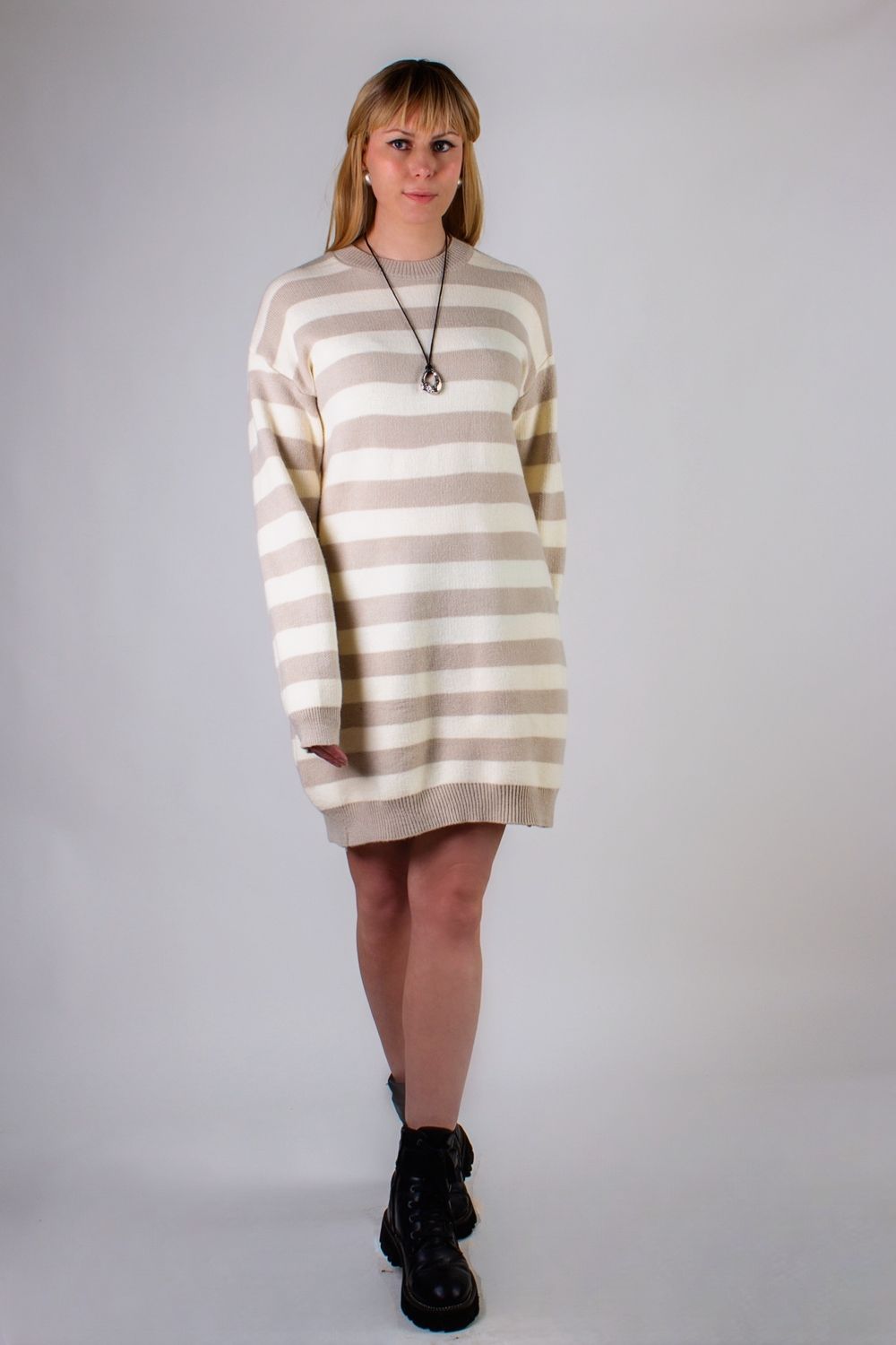 Платье, вязаная туника Полоска арт.1991 - молочный+бежевая полоса