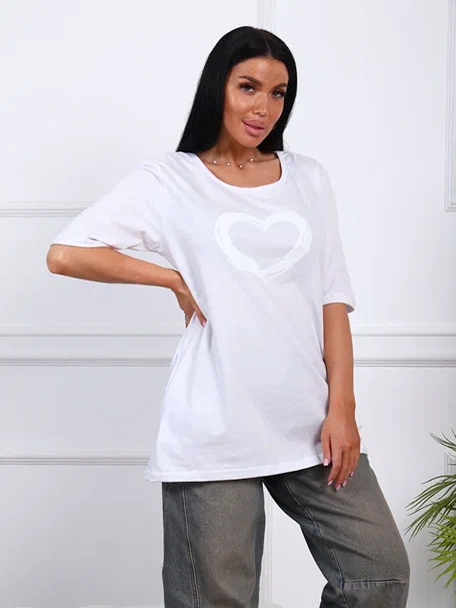Футболка удлиненная 783 - белый с белым сердцем