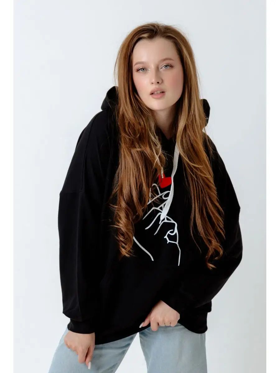 Толстовка худи с модным корейским жестом Я тебя люблю Арт. 1025 - черный