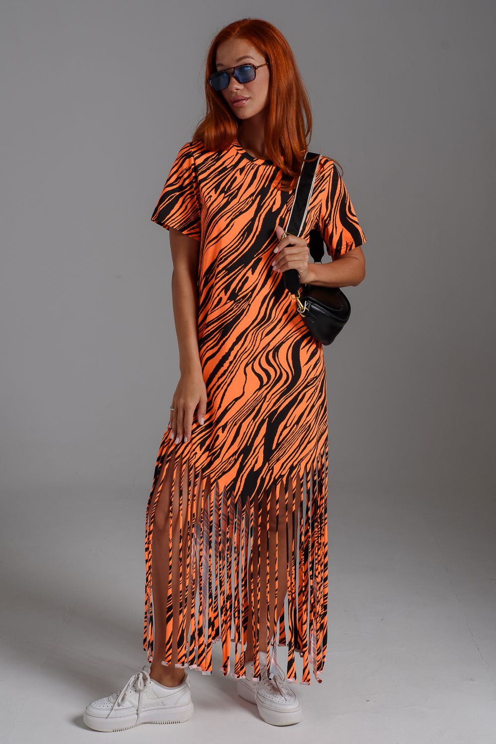 7480 платье женское - неон оранжевый+чёрный