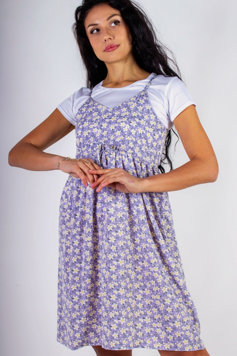 Сарафан с кокеткой SummerQ арт. 8689 - сирень+белый цветочек