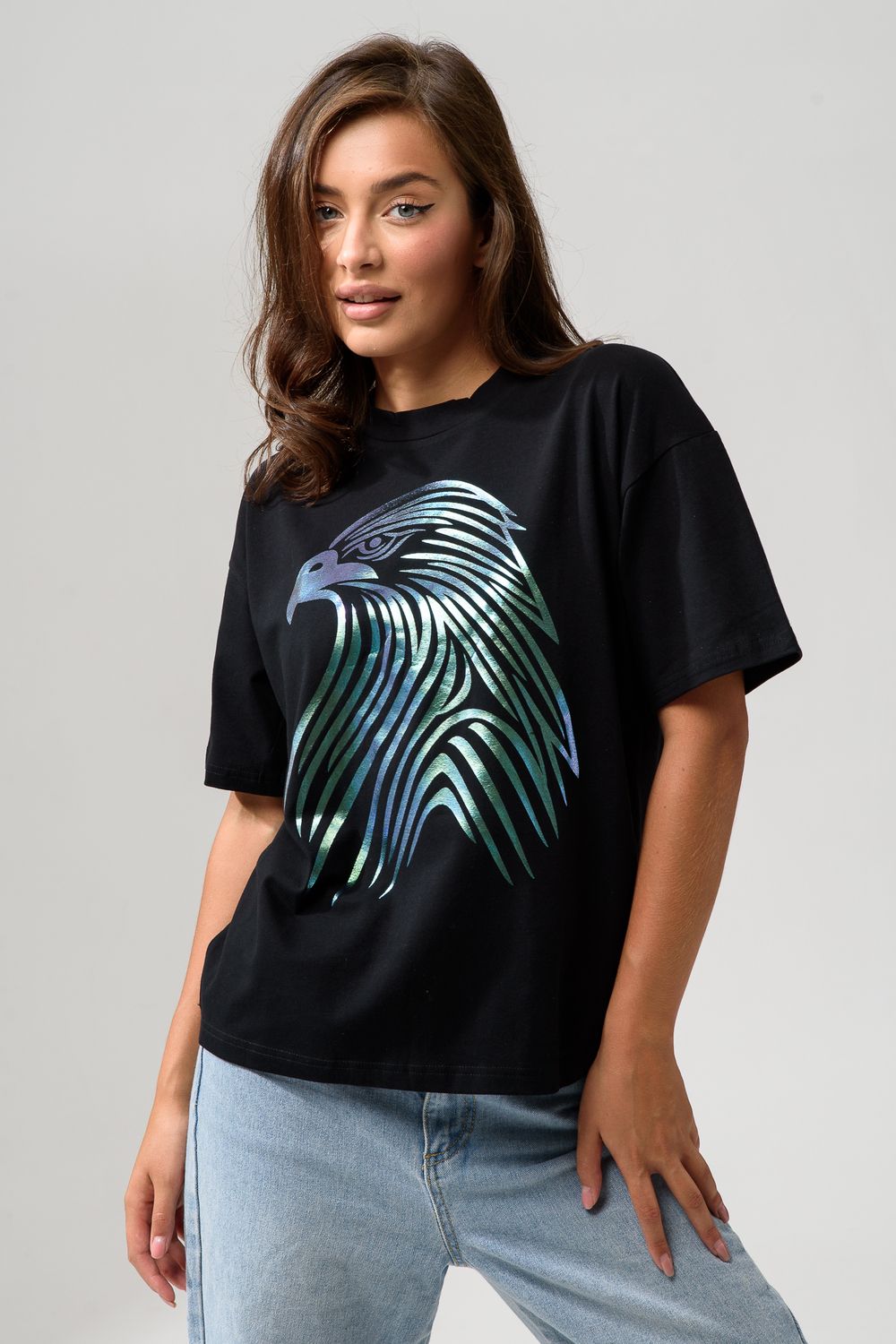 8555 Футболка оверсайз женская - черный+орел