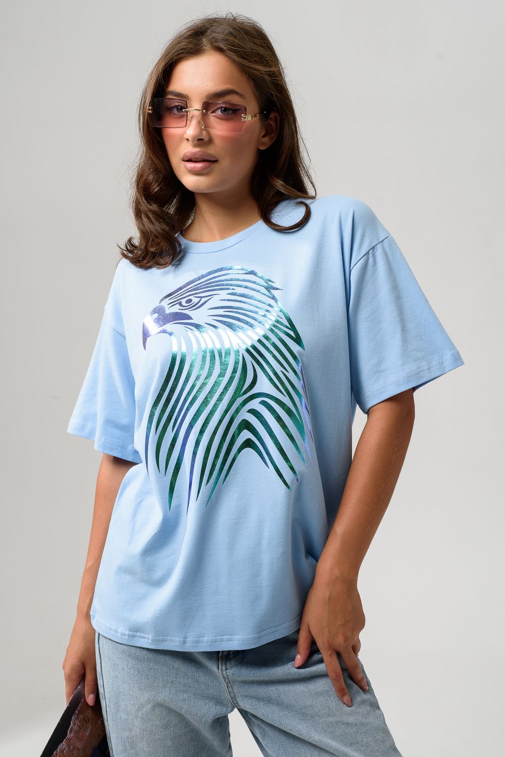 8555 Футболка оверсайз женская - голубой+орел
