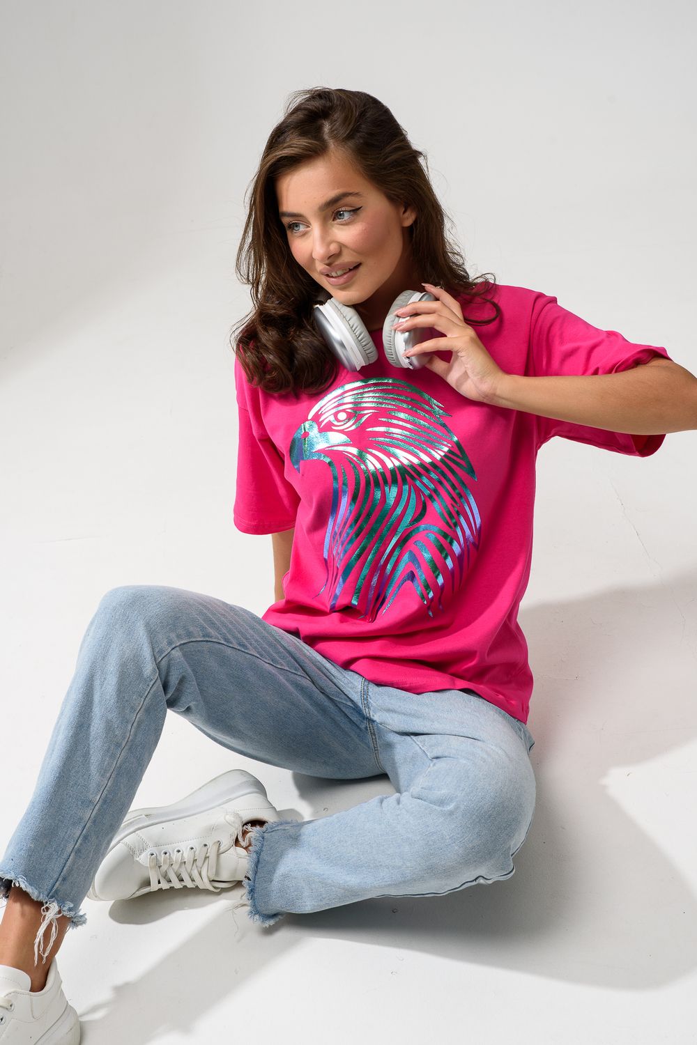 8555 Футболка оверсайз женская - фуксия+орел