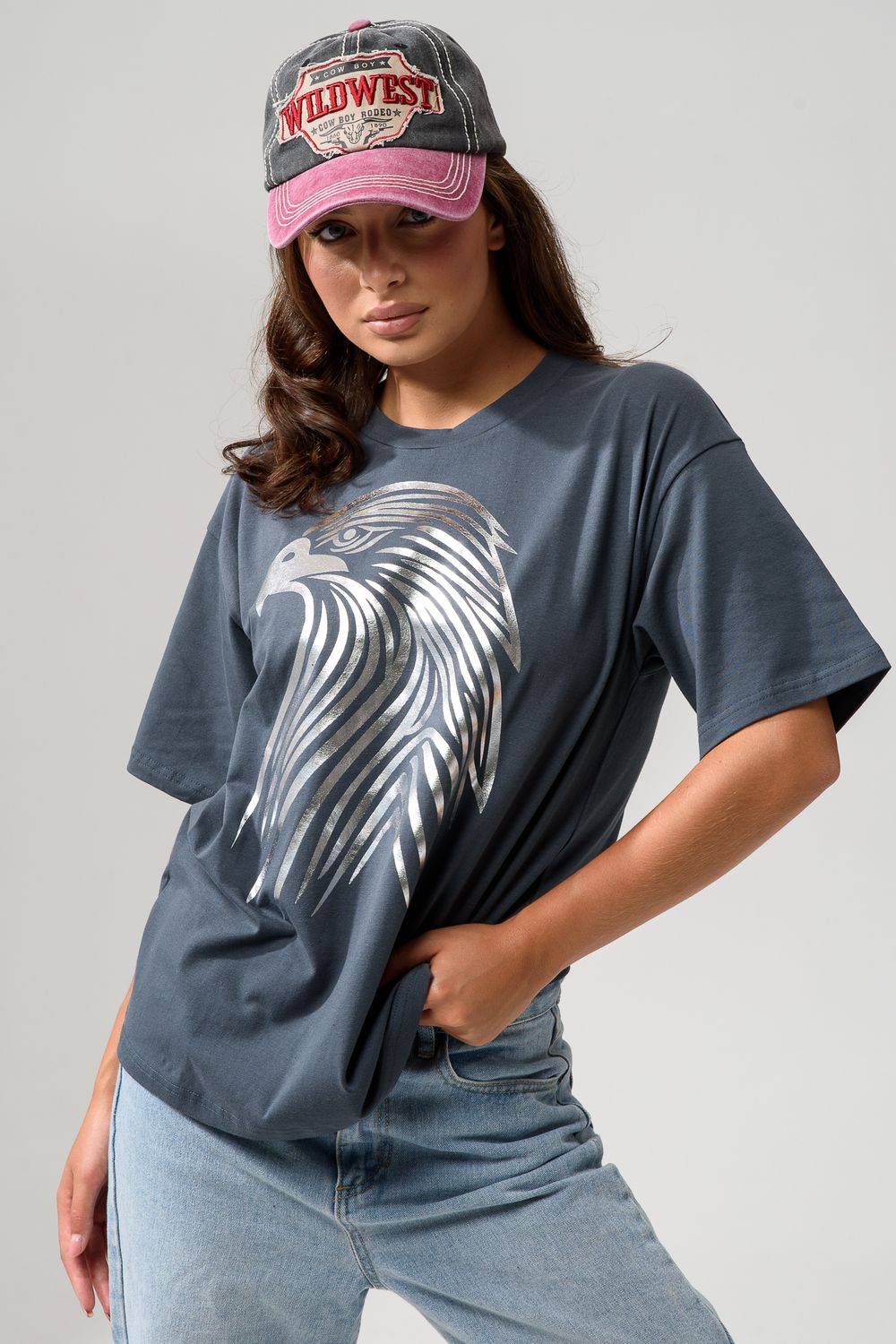 8555 Футболка оверсайз женская - графит+орел