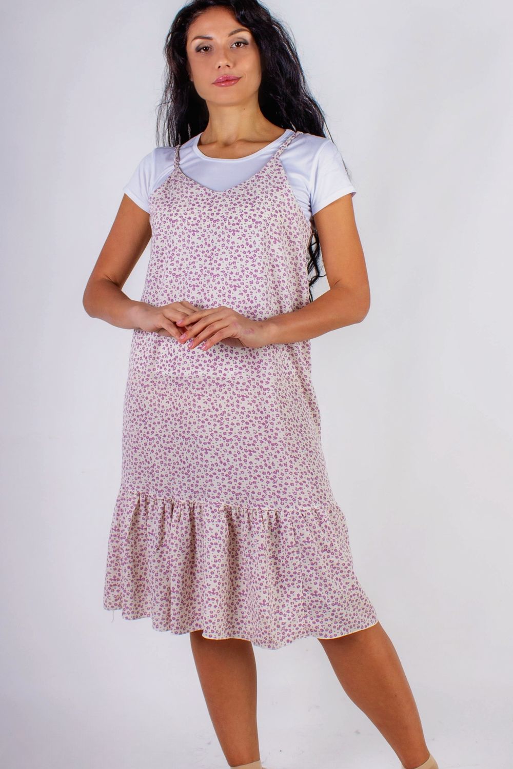 Сарафан с воланом Summer Breeze арт. 8688 - молочный+сиреневый цветочек