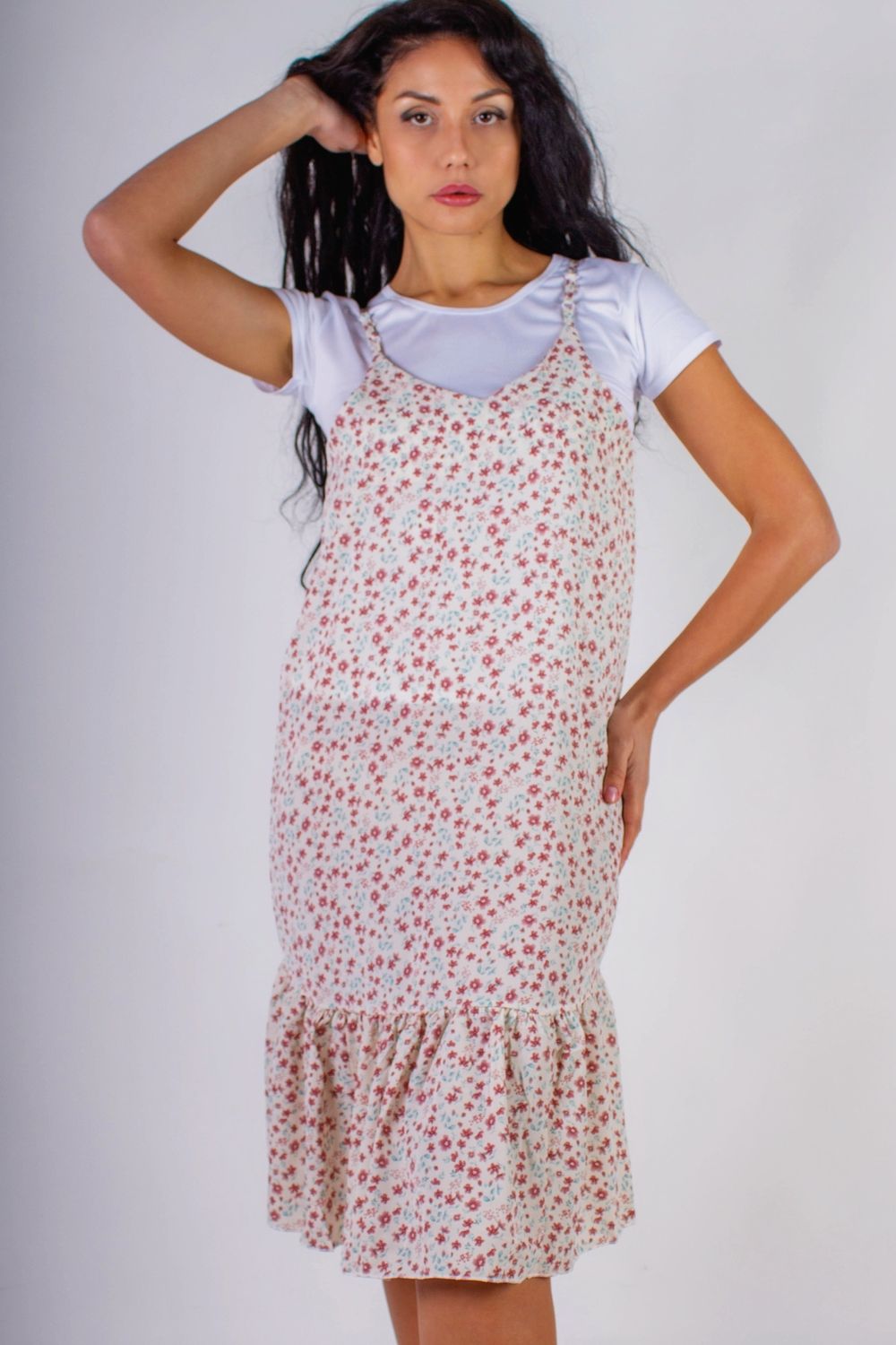 Сарафан с воланом Summer Breeze арт. 8688 - молочный+ бордовые цветы
