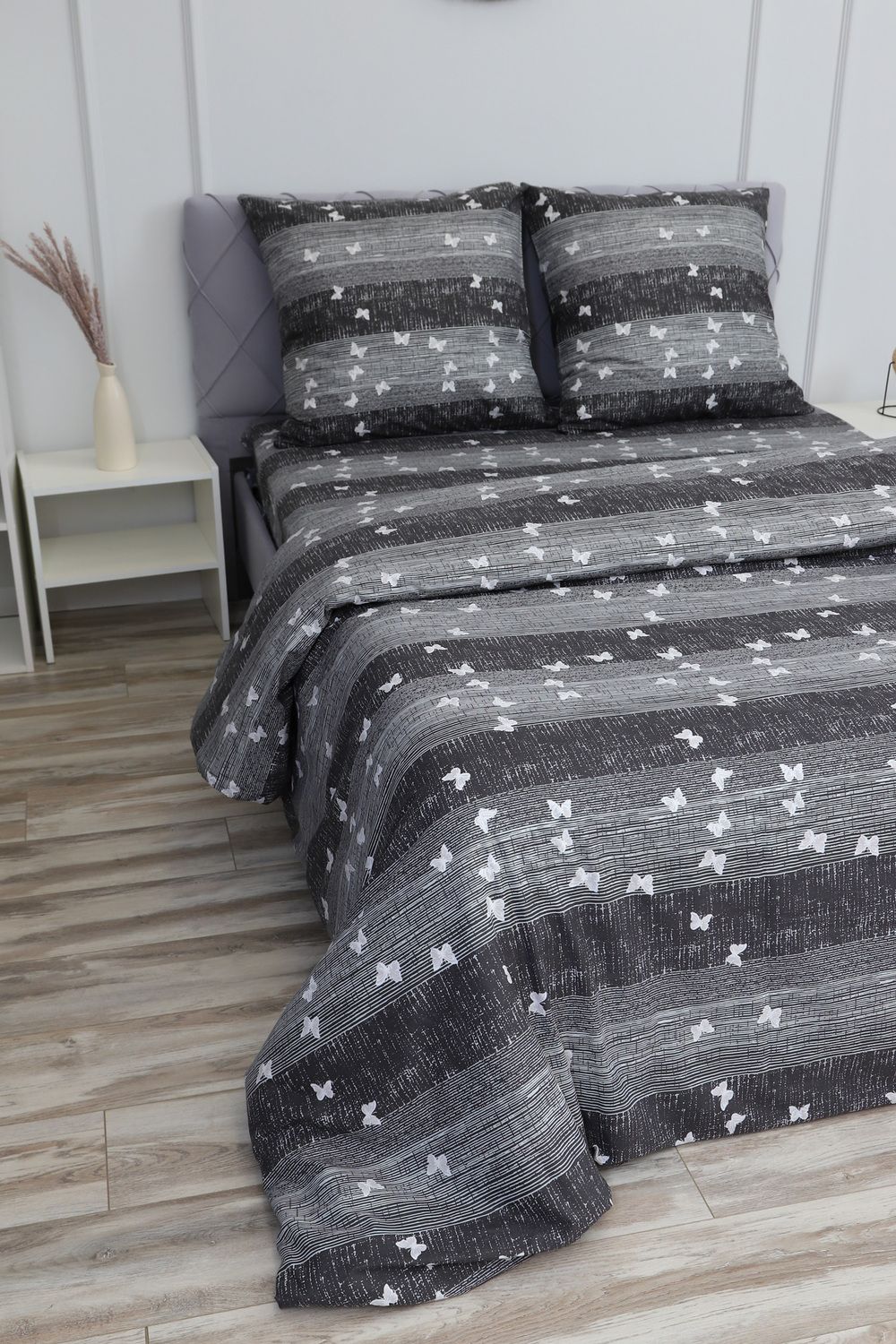 Простыня поплин Бабочки-компаньон - черно-серый