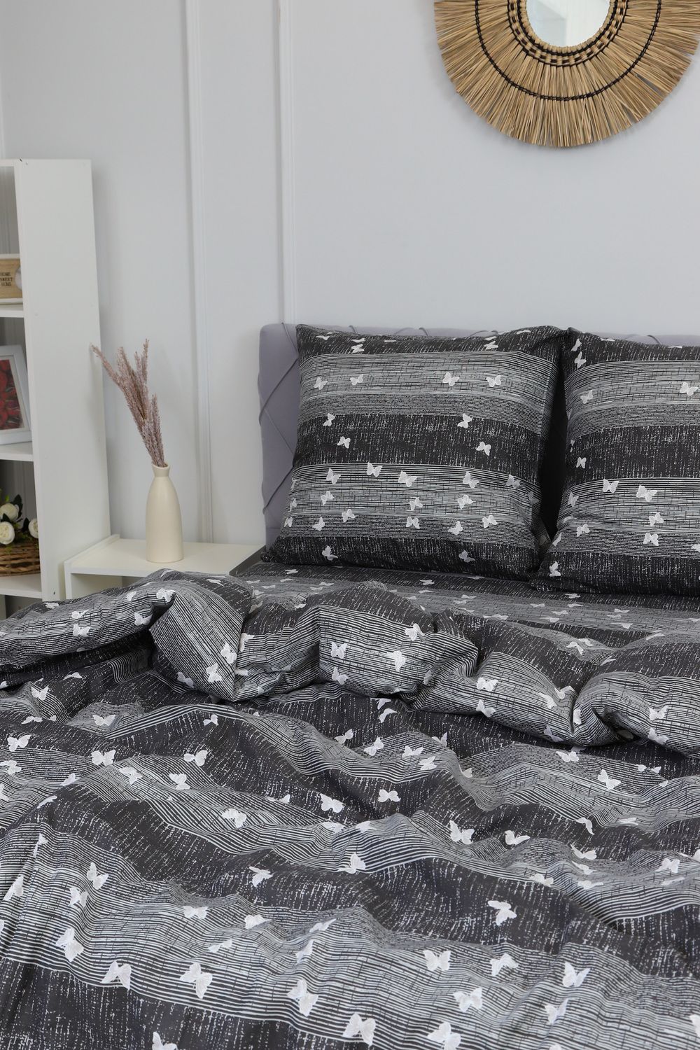 Пододеяльник поплин Бабочки-компаньон - черно-серый