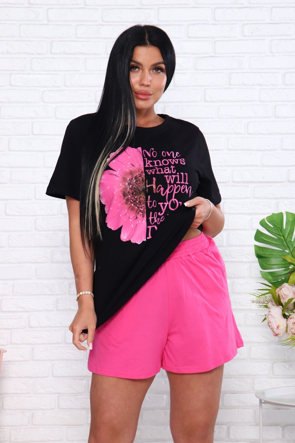 Костюм с шортам КЖ008 - розовый,черный