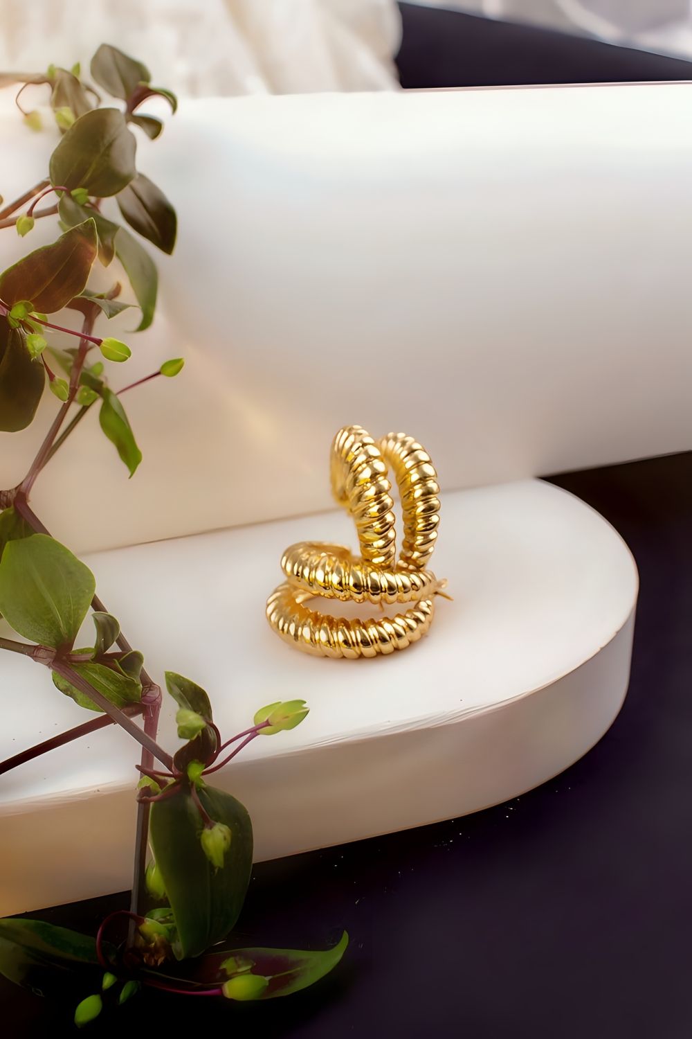 Серьги двойные кольца Рифленые + Подарок - золото