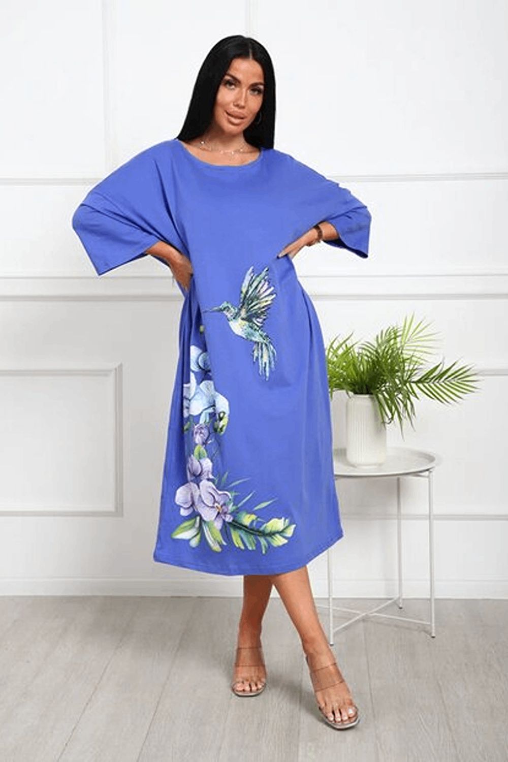 Удлиненная футболка хлопок с принтом Арт. 1092 - васильковый