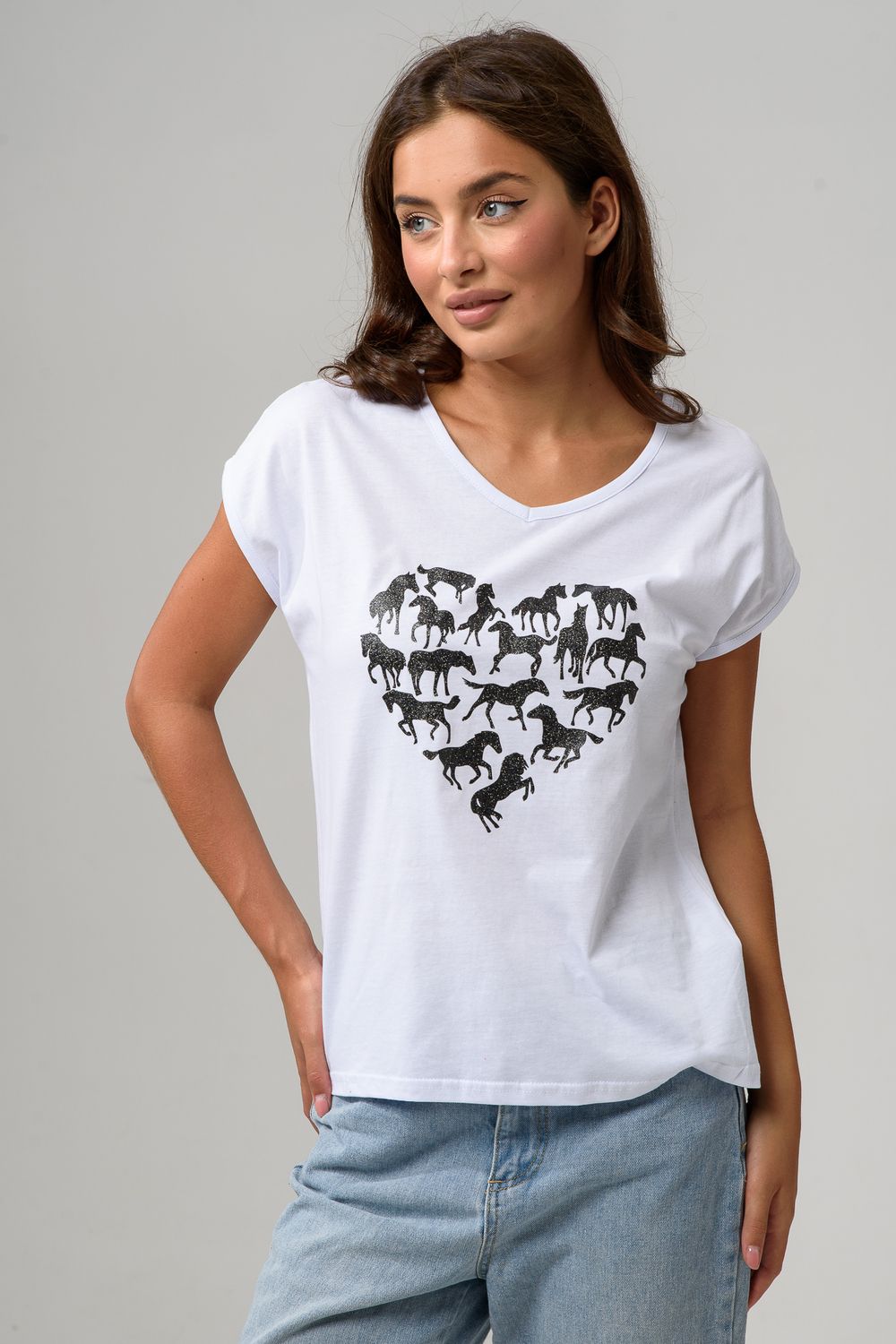 8558 футболка женская - белый+лошадь сердце