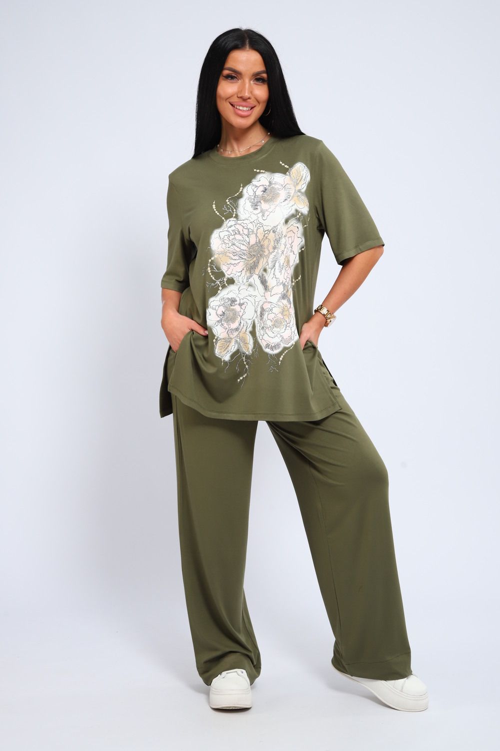 Костюм женский футболка брюки из вискозы 397 - темно-зеленый