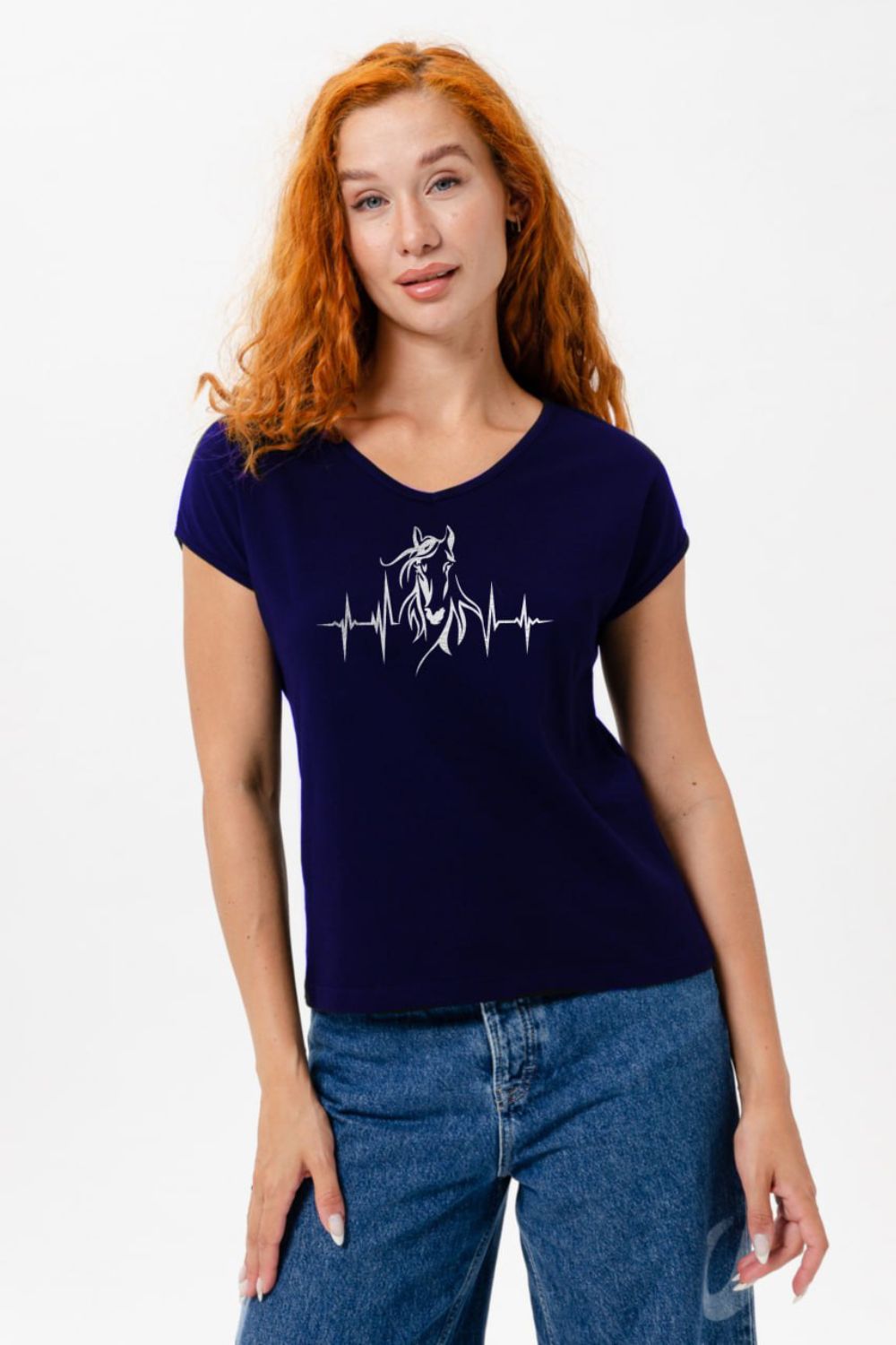8558 футболка женская - темно-синий+лошадь пульс
