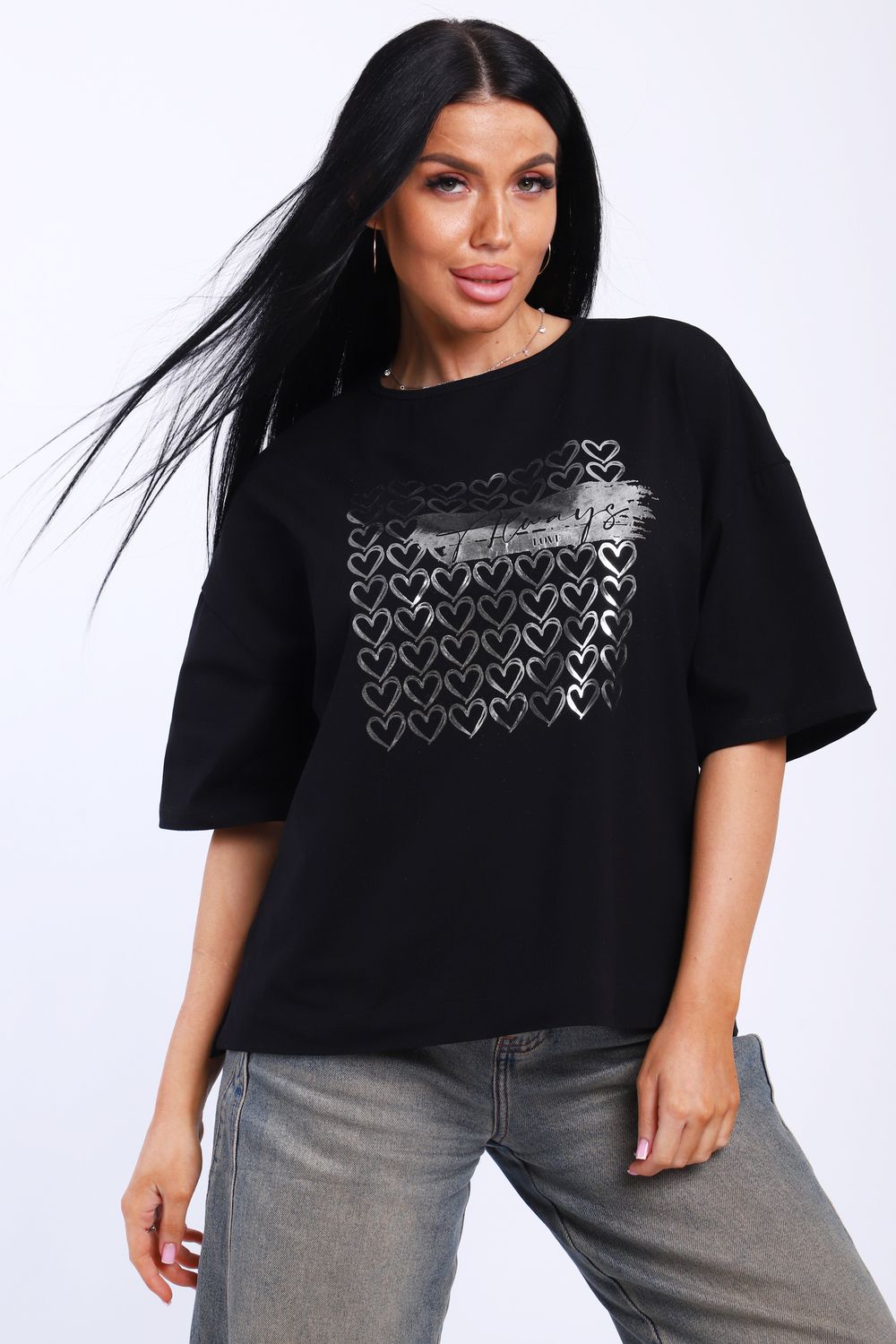 Футболка женская черная-99.с - черный+серебро