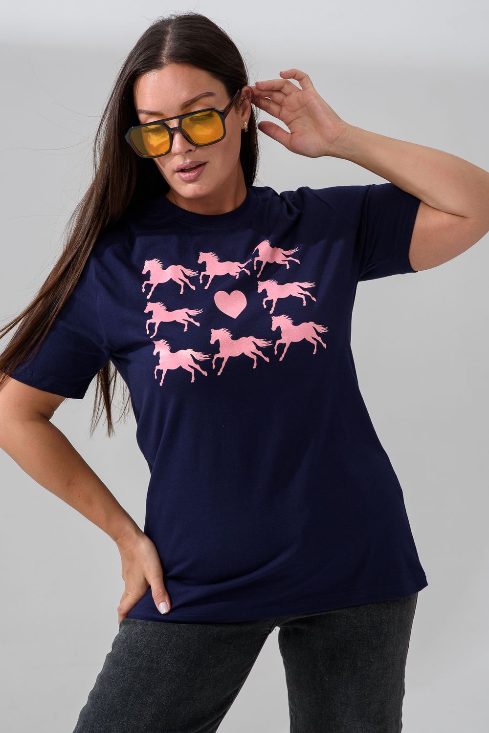 8563 футболка женская - темно-синий + розовые лошадки