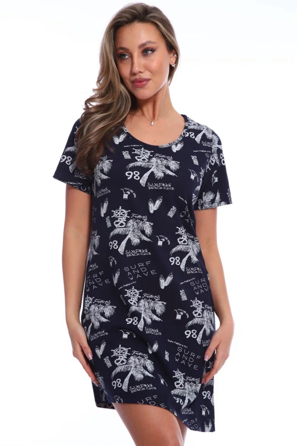 Футболка-туника удлиненная асимметричная с карманами Арт. 517 - темно-синий+белый