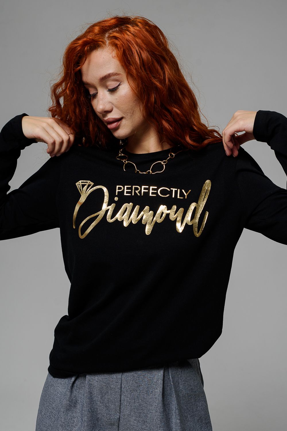 8513-1 Футболка с длинным рукавом женская - черный+Бриллиант