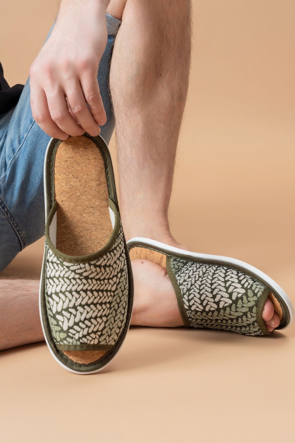 Тапки мужские с пробковой стелькой МШО(пр) - косички/зеленый