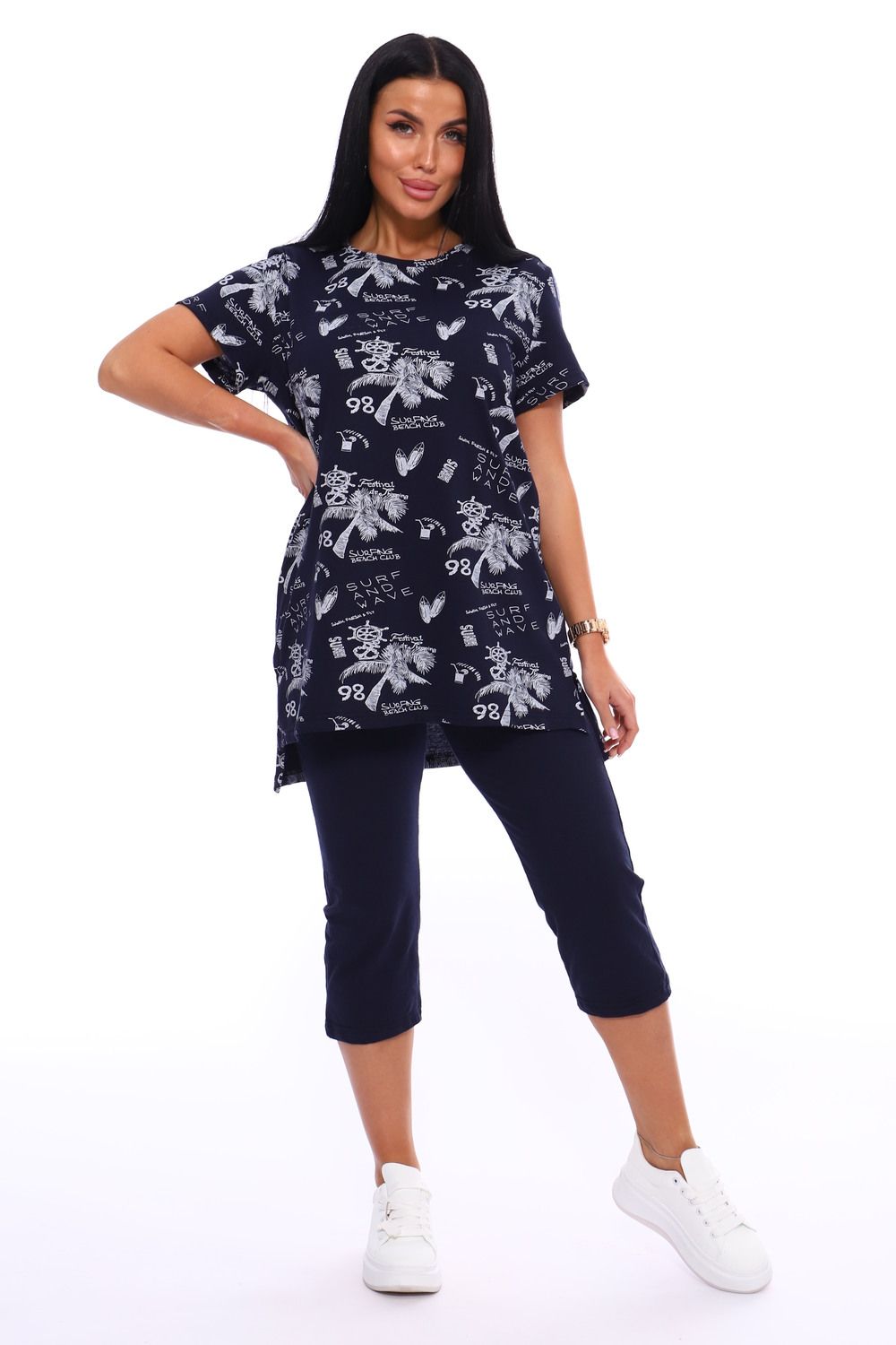 Пижама костюм с удлиненной футболкой и бриджами, Арт. 516 - темно-синий