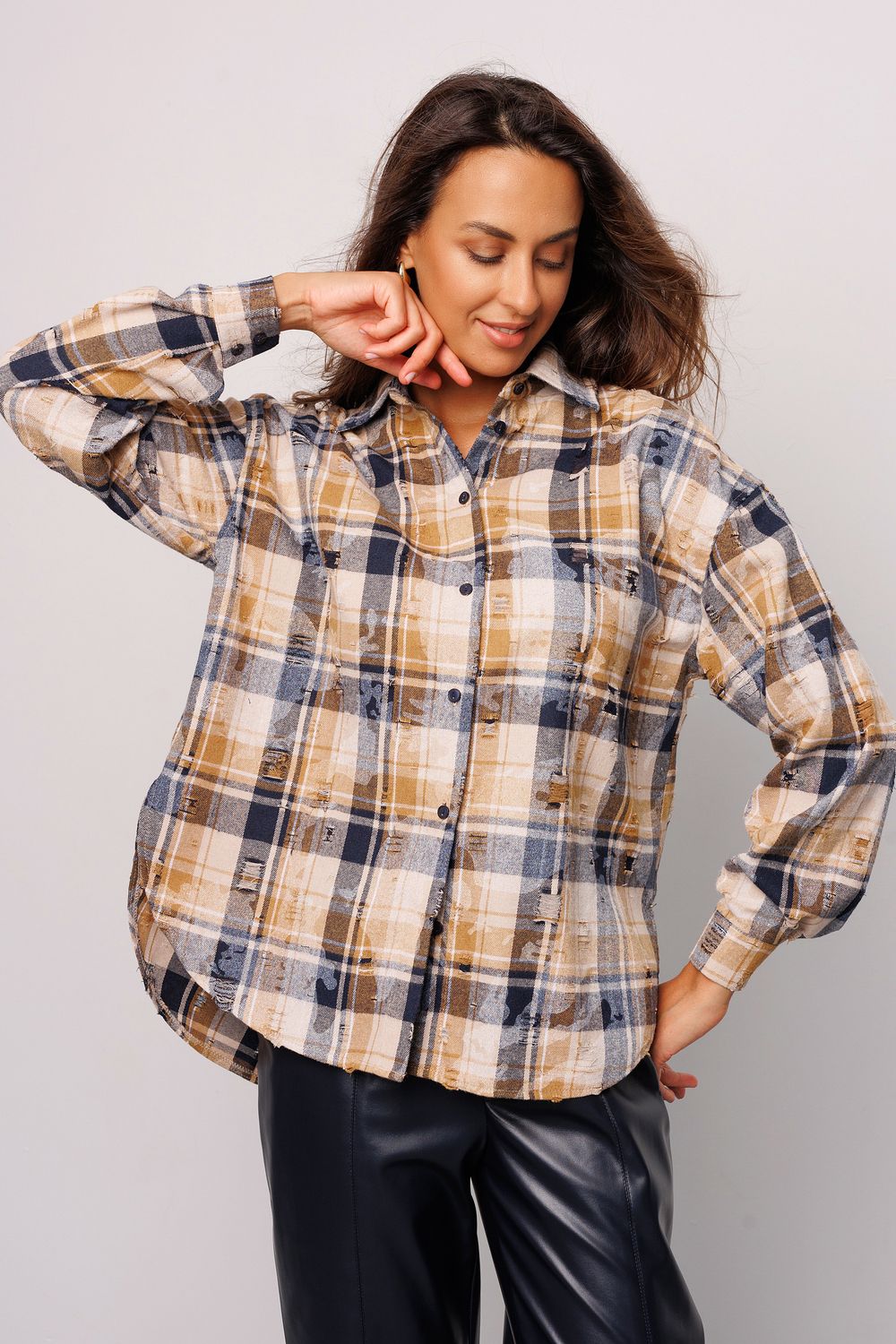 Рубашка в клетку с длинным рукавом 418 - синий/клетка