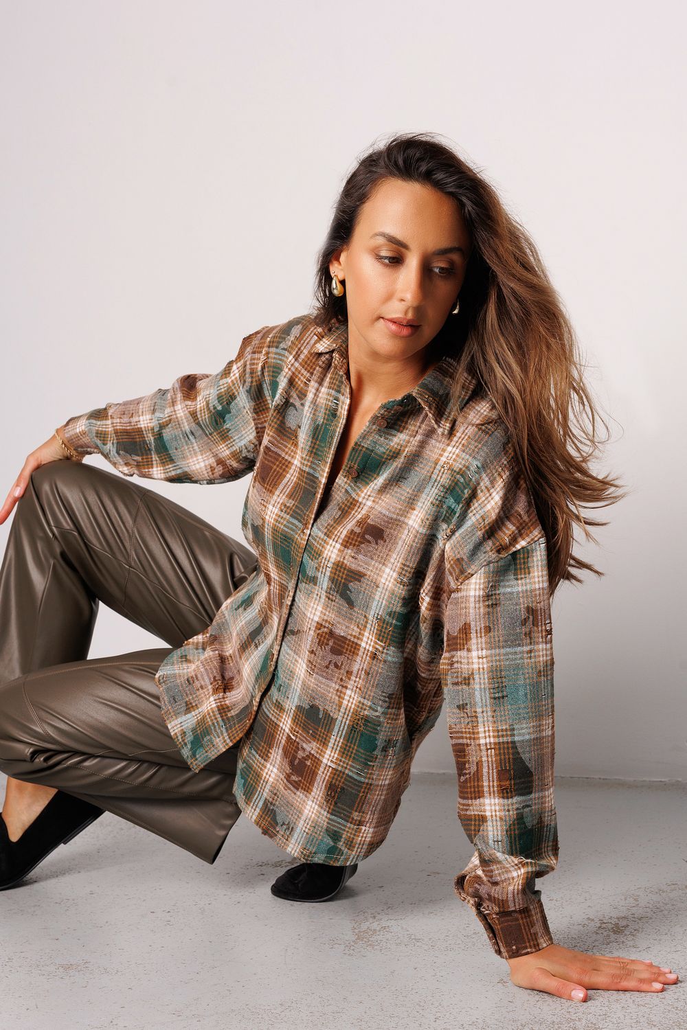 Рубашка в клетку с длинным рукавом 418 - хаки клетка