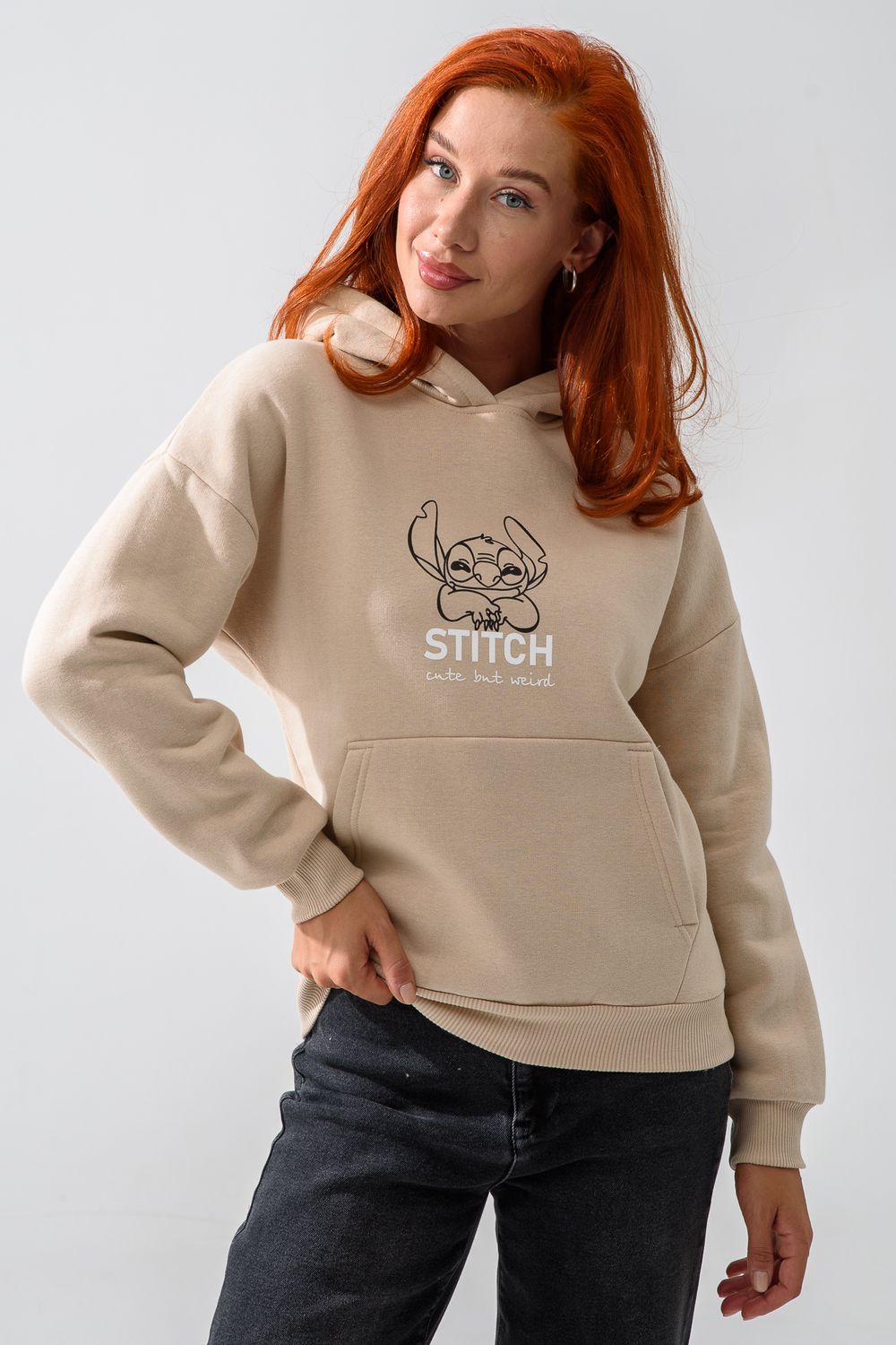 8565 толстовка женская оверсайз - бежевый+стич