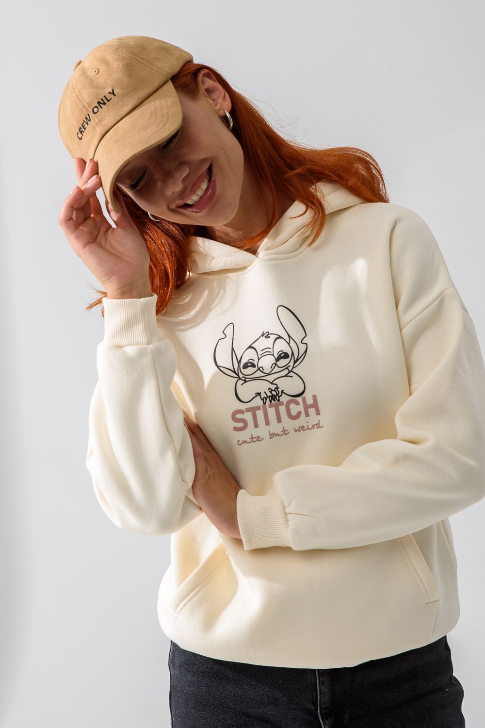 8565 толстовка женская оверсайз - молочный+стич