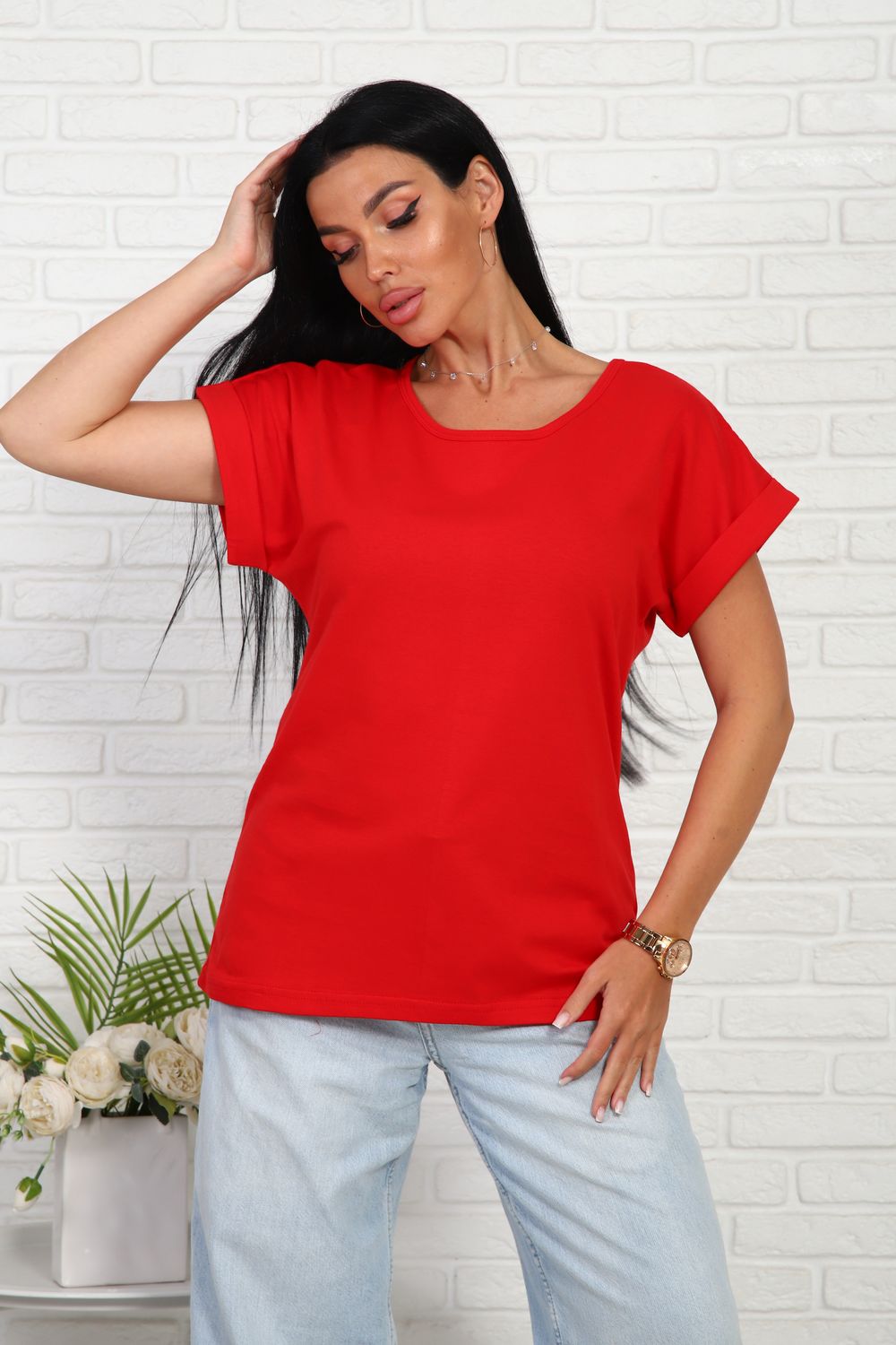 Футболка без рисунка с отворотами на рукавах, хлопок 100%, Арт. 561 - красный