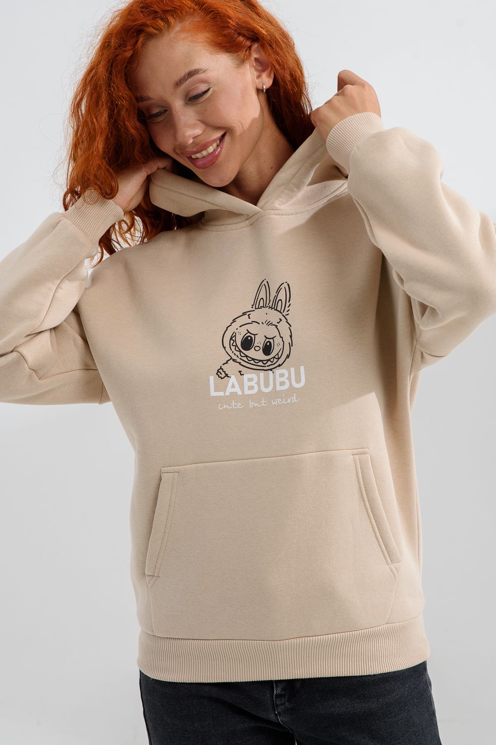 8565 толстовка женская оверсайз - бежевый+лабубу