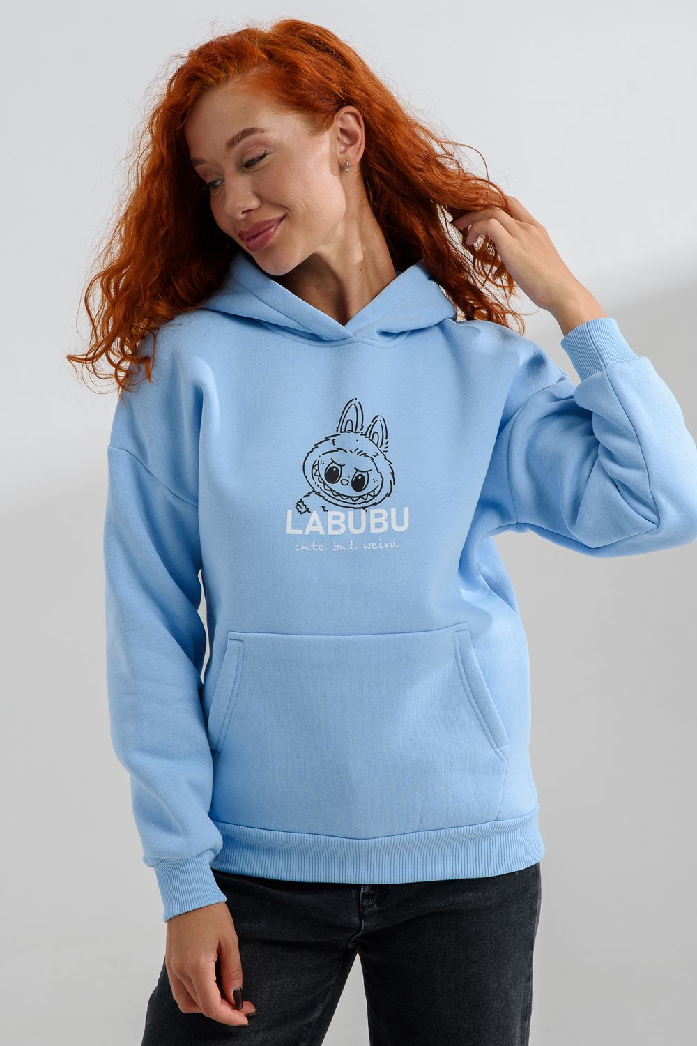 8565 толстовка женская оверсайз - голубой+лабубу