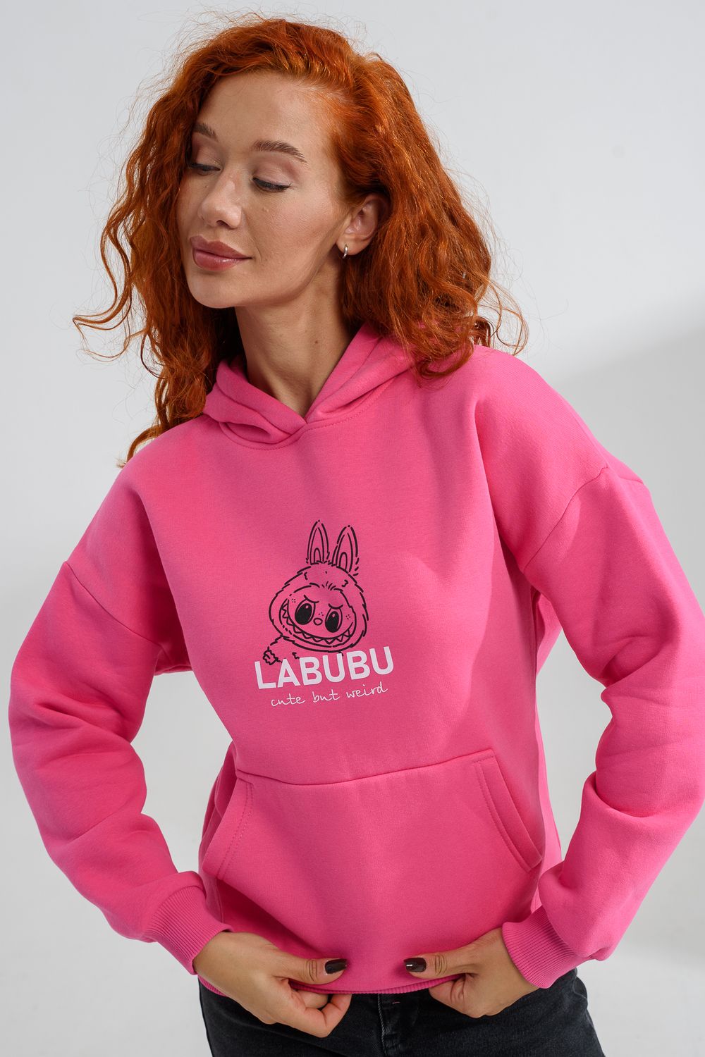 8565 толстовка женская оверсайз - розовый+лабубу