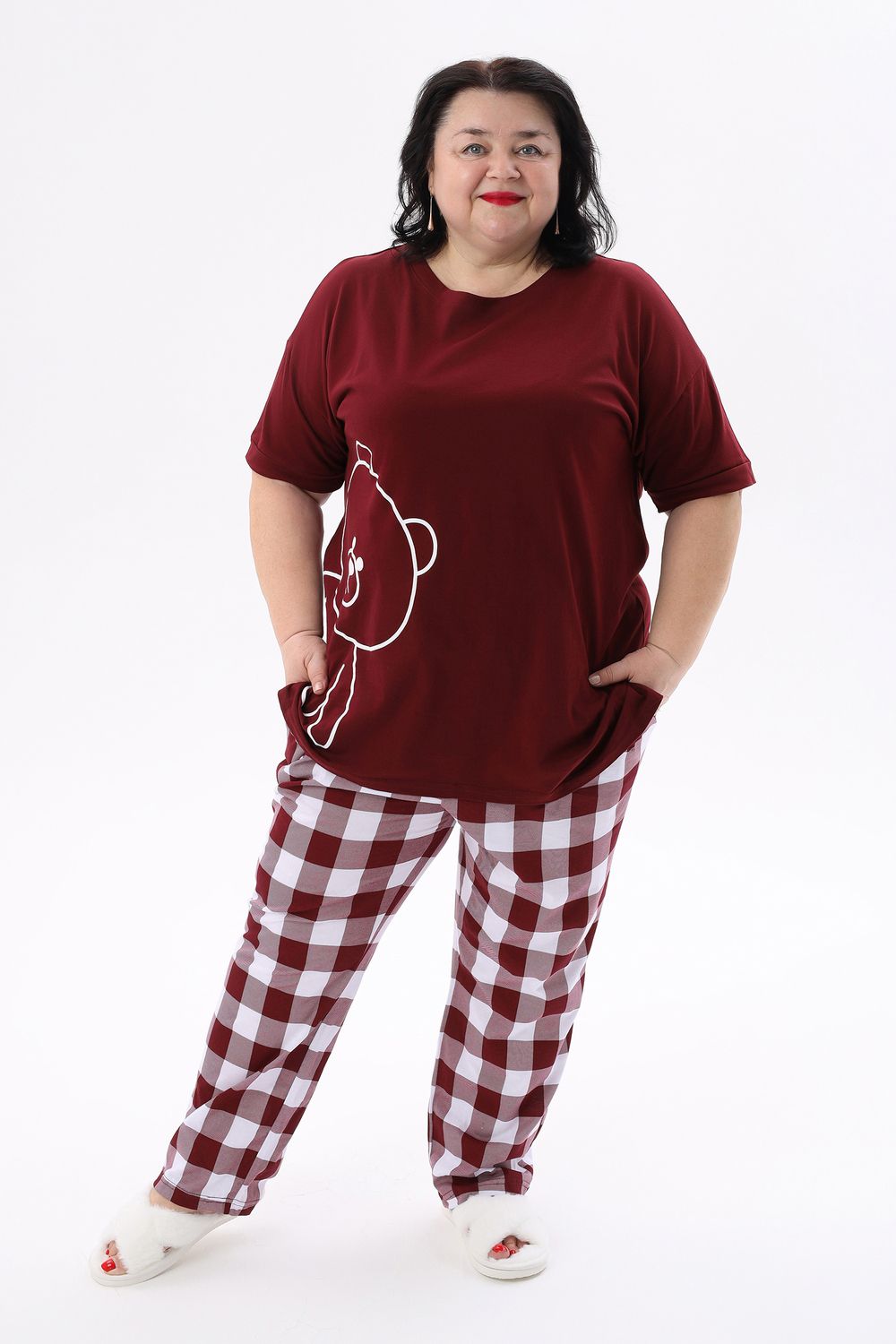 Пижама больших размеров с брюками Мишка - бордовый