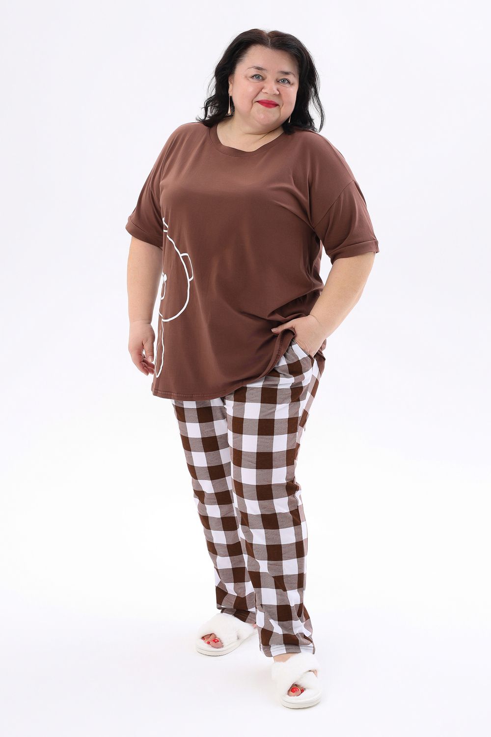 Пижама больших размеров с брюками Мишка - коричневый