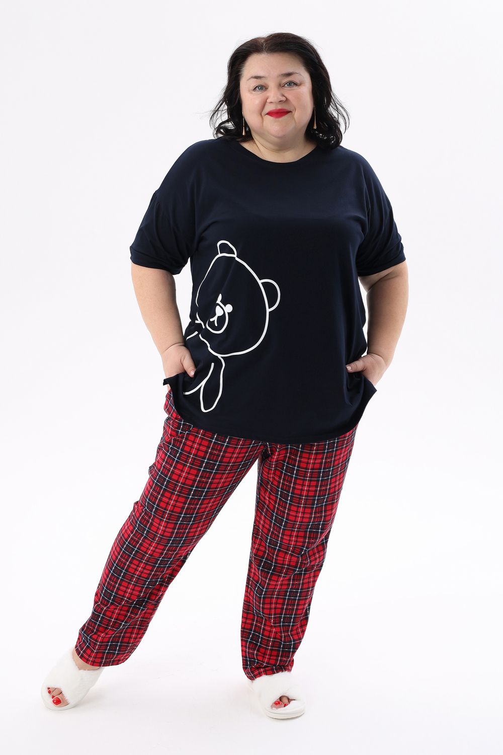 Пижама больших размеров с брюками Мишка - красный,синий
