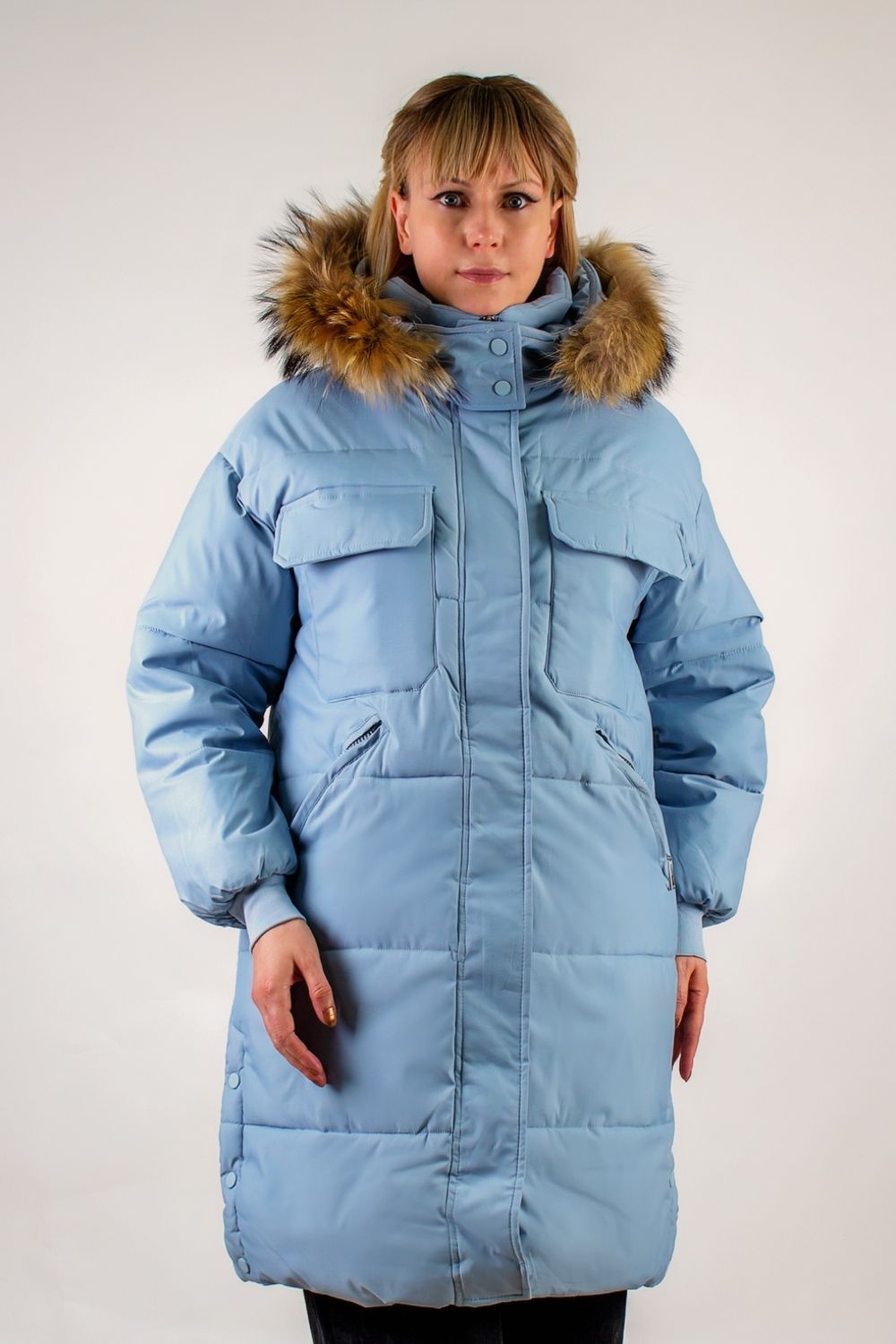 Удлиненная парка с капюшоном, арт 618, - светло-голубой