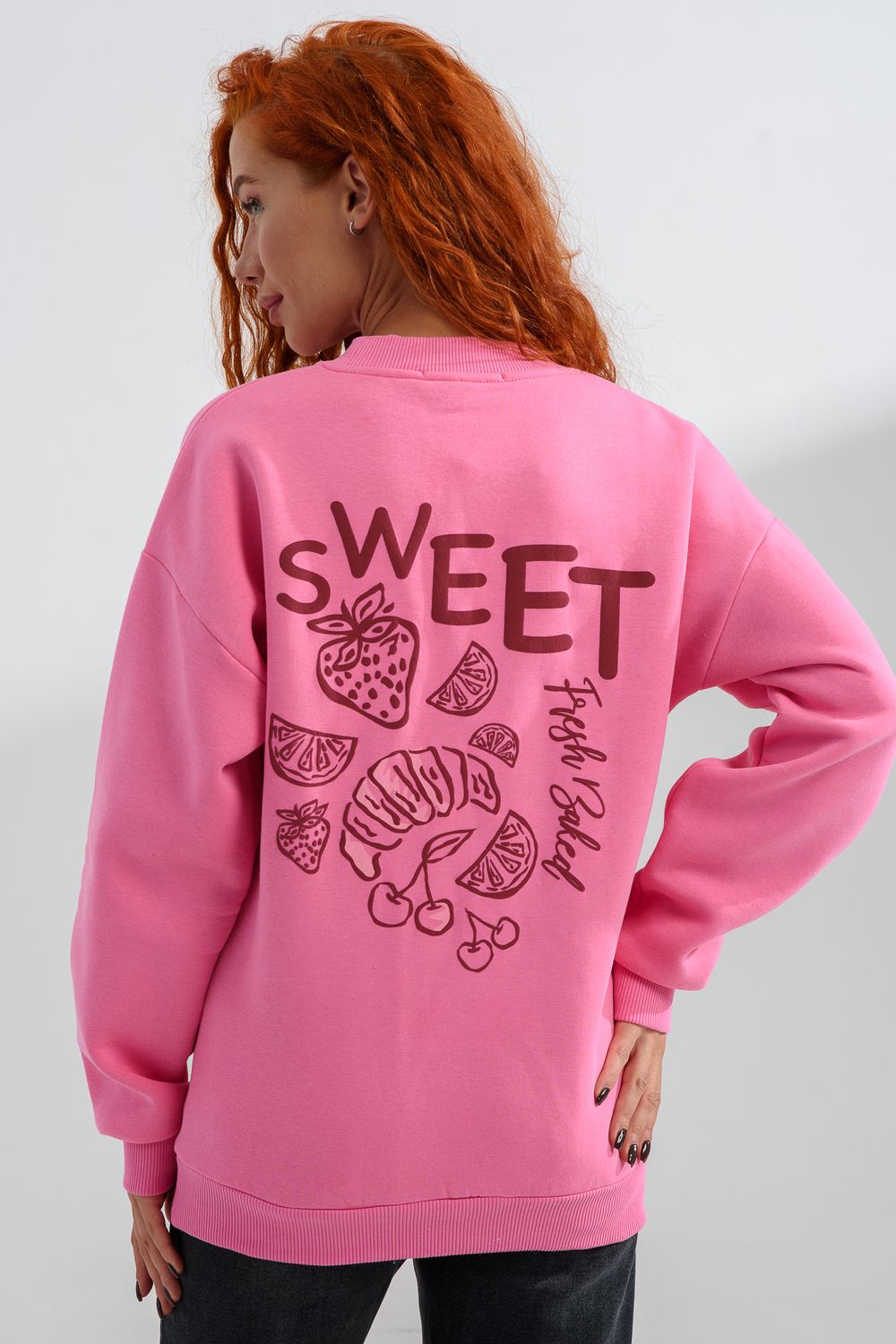 8572 женский свитшот оверсайз - розовый+сладко