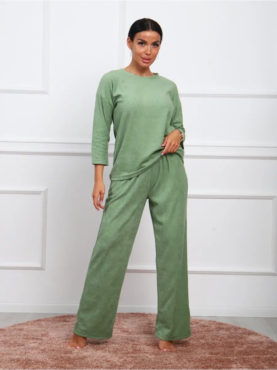 Костюм женский махровый с брюками палаццо КЖ017 - олива