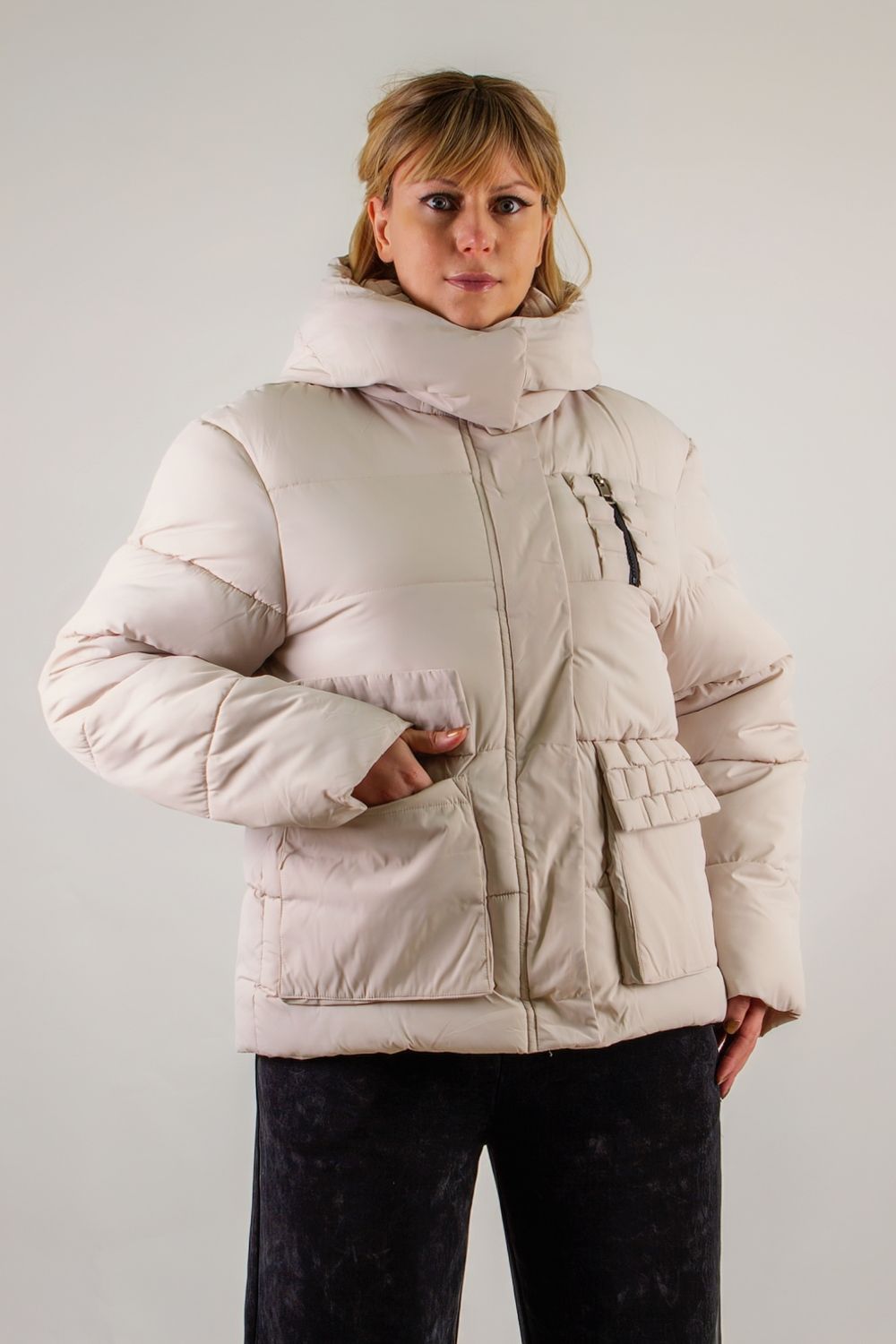 Демисезонная куртка с отделкой Квадраты арт.811 - светло-бежевый