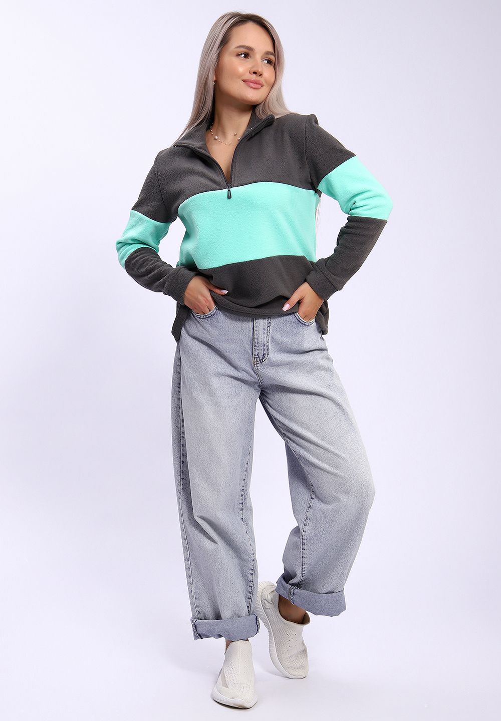 654 Толстовка флис Колор-блок - серый+ментол